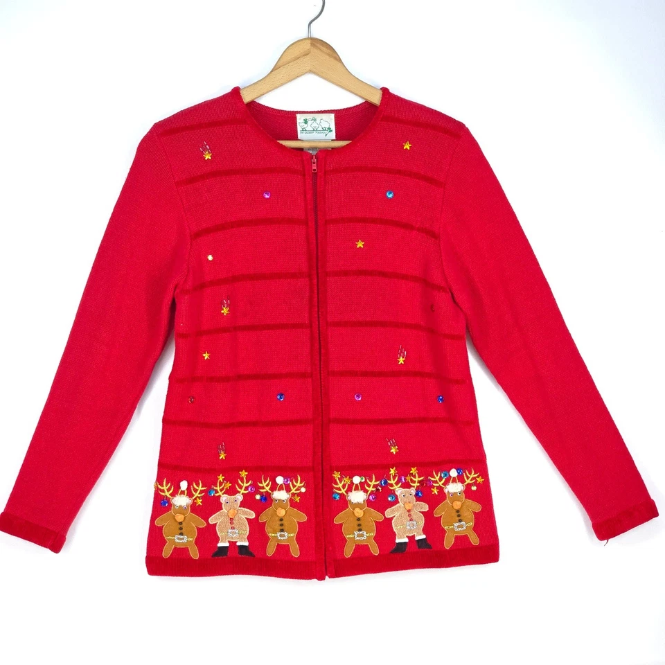 Quacker Factory Christmas Sweater Women's Medium Red Zip‑Up Embellished Reindeer - Image 2 of 4