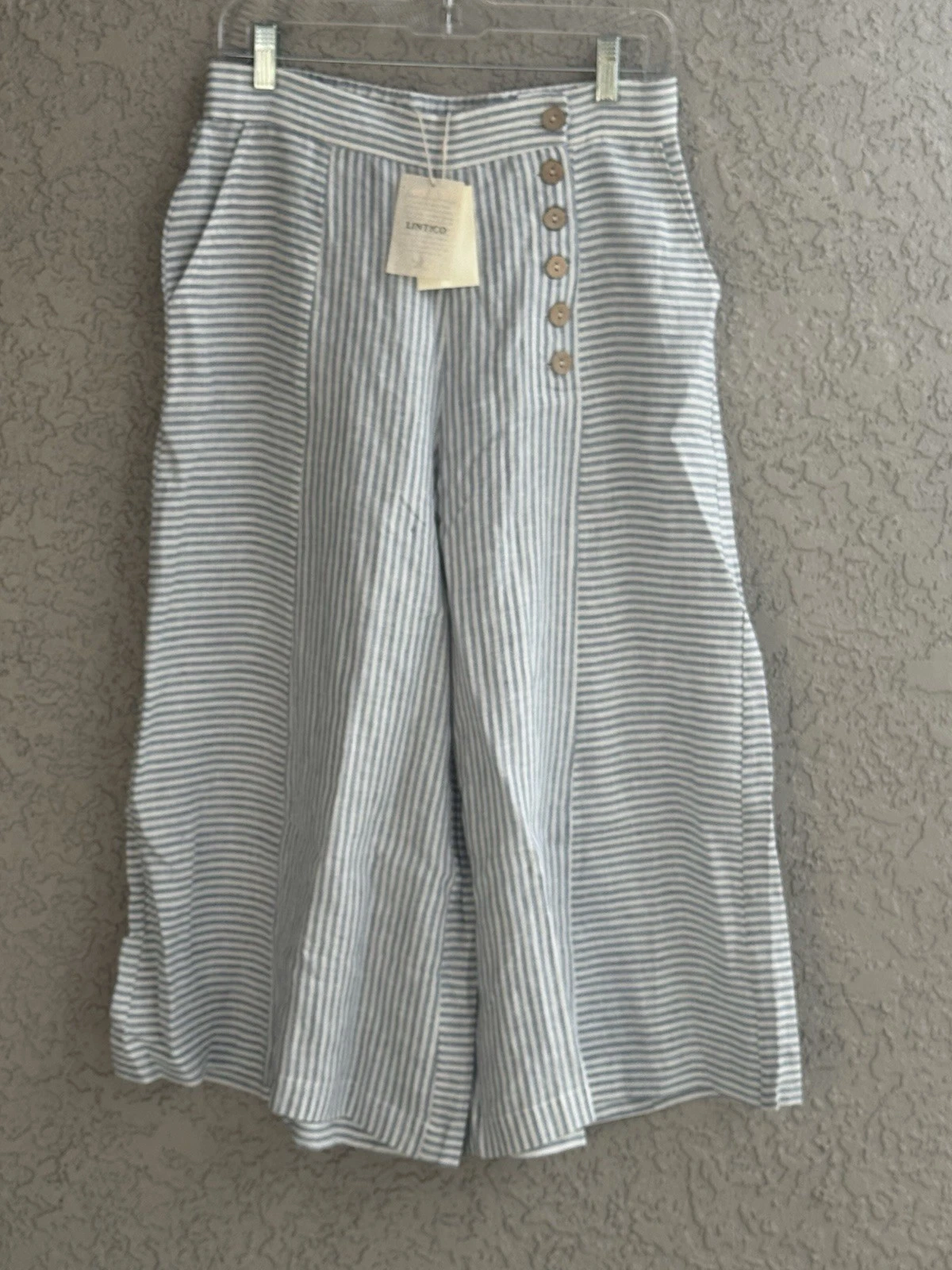 Lintico Womens Pants Linen Blue White Striped Pocket Cropped Wide-leg Size M NEW