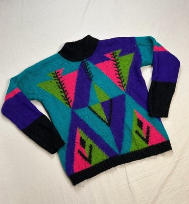 True VTG Mohair 80s Hand knit Cosby Sweater S Geometric Wool Grannycore Oversize