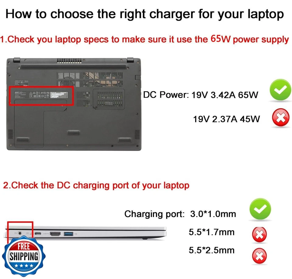 65W Laptop Charger Compatible with Acer Chromebook 11 R11 13 14 15 CB3 CB5 CB - Image 4 of 4