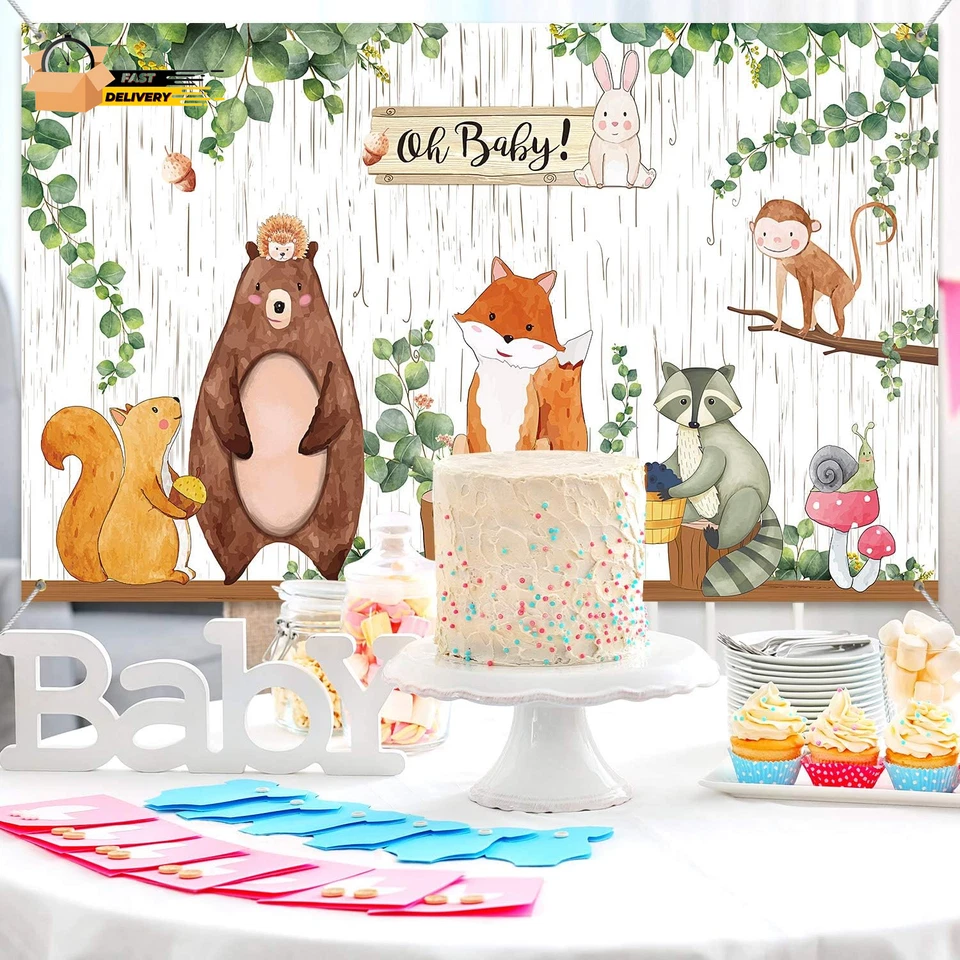 Woodland Baby Shower Backdrop Banner, Large Fabric Jungle Animal Birthday Party - Image 3 of 4