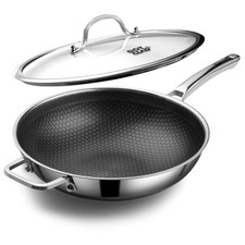 Wok pan,Hybrid 12 inch Wok with Lid, PFOA Free Cookware,non stick Stainless Ste