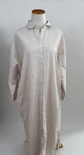 Beige White striped cotton Maxi Shirt Dress w/ pockets Women's M/L