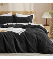 King Size Waffle Weave Duvet Cover Set 3pcs Black Breathable Durable Black