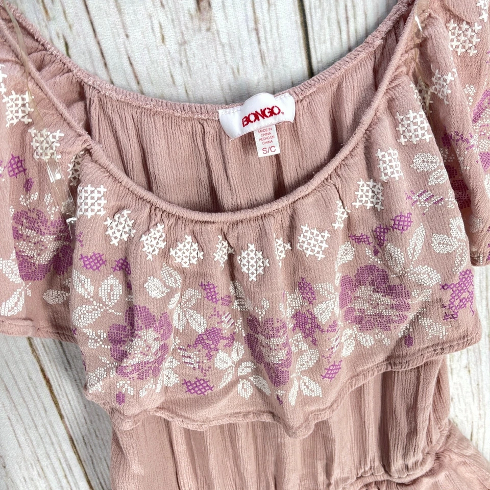 Romper Bongo Feminino Y2K Tamanho S Bolsos Rosa Peça Única Decote Redondo Bordado Boho - Imagem 3 de 4