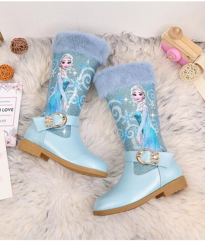 Girls Elsa Princess Winter Warm Long Snow Boots Fur Lined Sequins Shoes Size - Picture 5 of 30