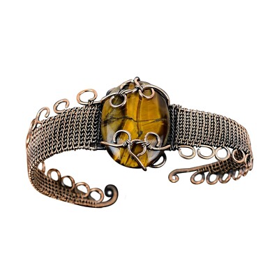 TigerS Eye Jewelry Copper Friend Gift Wire Wrapped Cuff Adjustable Bangle