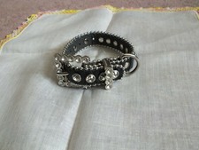 Beautiful Clasp Bracelet Silver Tone Black Faux Leather Clear Rhinestones Adjust