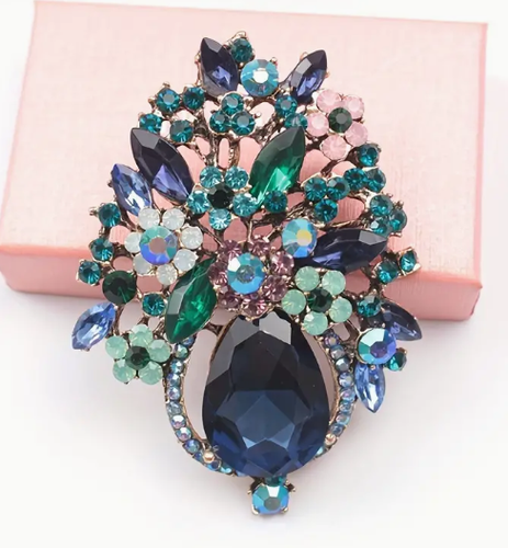 Broche-Racimo Floral Estilo Vintage Azul y Rosa Estrás - Imagen 5 de 5
