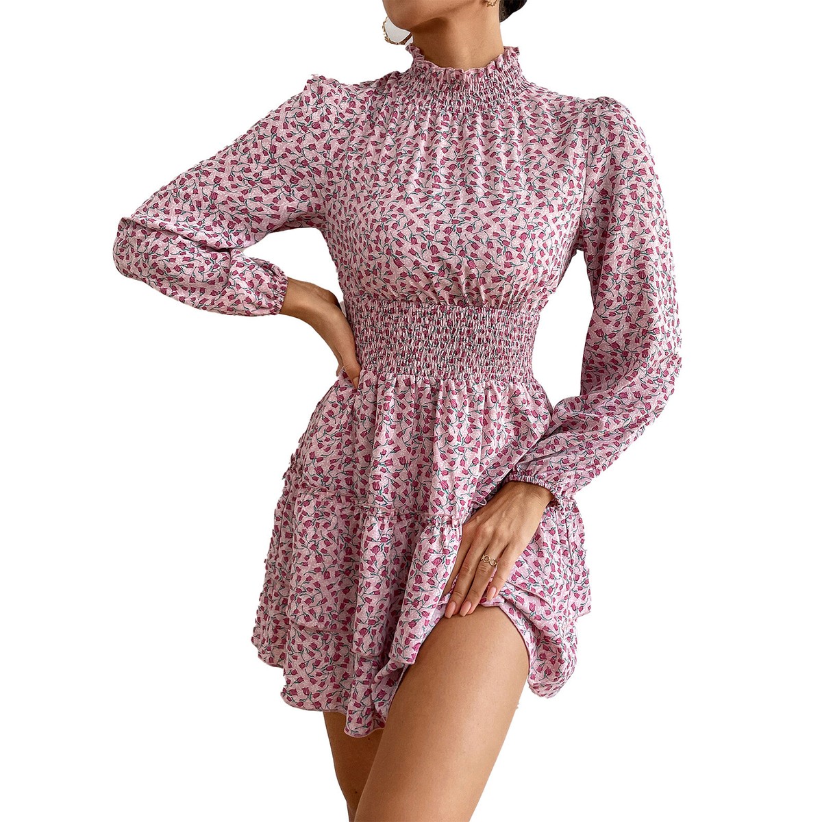 High Neck Long Sleeve Floral Print Women's Short Dress