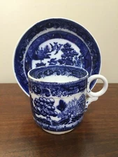 2 (Pair) Antique Flow BLUE WILLOW Cup & Saucer Sets Ring Handle (A) c. 1892-1902
