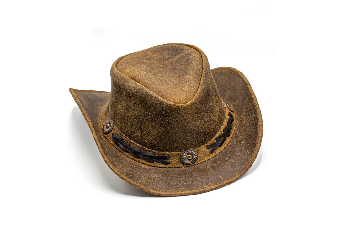 Distressed marble gold glazed Cowboy Hat w/Brown Leather Star concho Band unisex Shadow Brown Distressed Leather Hat - Star Concho and  main image 3