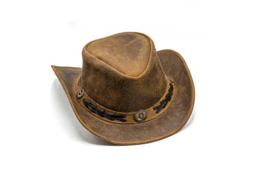 Distressed Brown Leather Cowboy Hat Western Concho Band Rustic Outback Style - Picture 2 of 5