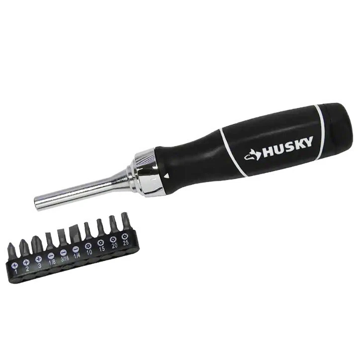 Husky 10 PC RATCHETING SCREWDRIVER SET Phillips Slotted Torx Bits CHEMICAL RESI