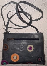 GIUDI Pelletterie Swirls of Color Circles GRAY Leather Zip Crossbody ITALY EUC