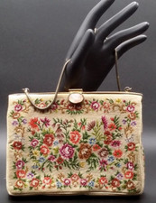 VTG 1950s PETIT POINT EVENING BAG Hand Embroidered Floral Purse, Pink Jade Clasp