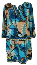 Trina Turk Blue Brown Floral Paisley Mod Retro Shift Dress Boho Career Coastal 4