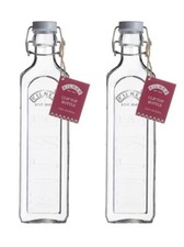 2 x 1L Kilner Clip Top Preserve Bottle Clear Glass Square Shape Grey Lid 1000ml