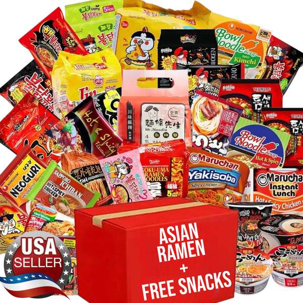 Caja de ramen instantáneo variedad china japonesa asiática coreana + merienda gratis, dulces