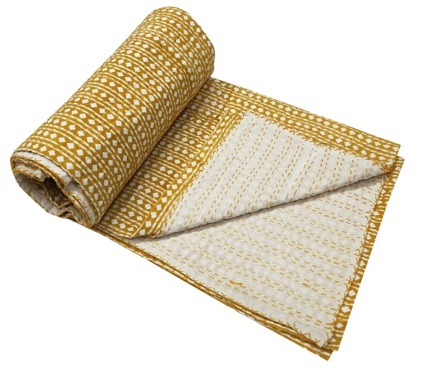 Indian Cotton Floral Art King Size Kantha Quilt Blanket Bedspread Handmade Throw - Image 2 of 4