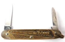 VINTAGE USA IMPERIAL LOCOMITIVE FOLDING POCKET KNIFE TRAIN TWO BLADES GOLD TONE