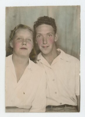 Vintage Photobooth Colorized Cute Young Lovers Rosie Cheeks Sweethearts 1950s