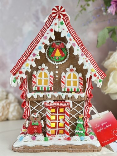 CHRISTMAS 12” BROWN GINGERBREAD CANDY HOUSE W/MINT TREES CANDY & COOKIE - Picture 2 of 12