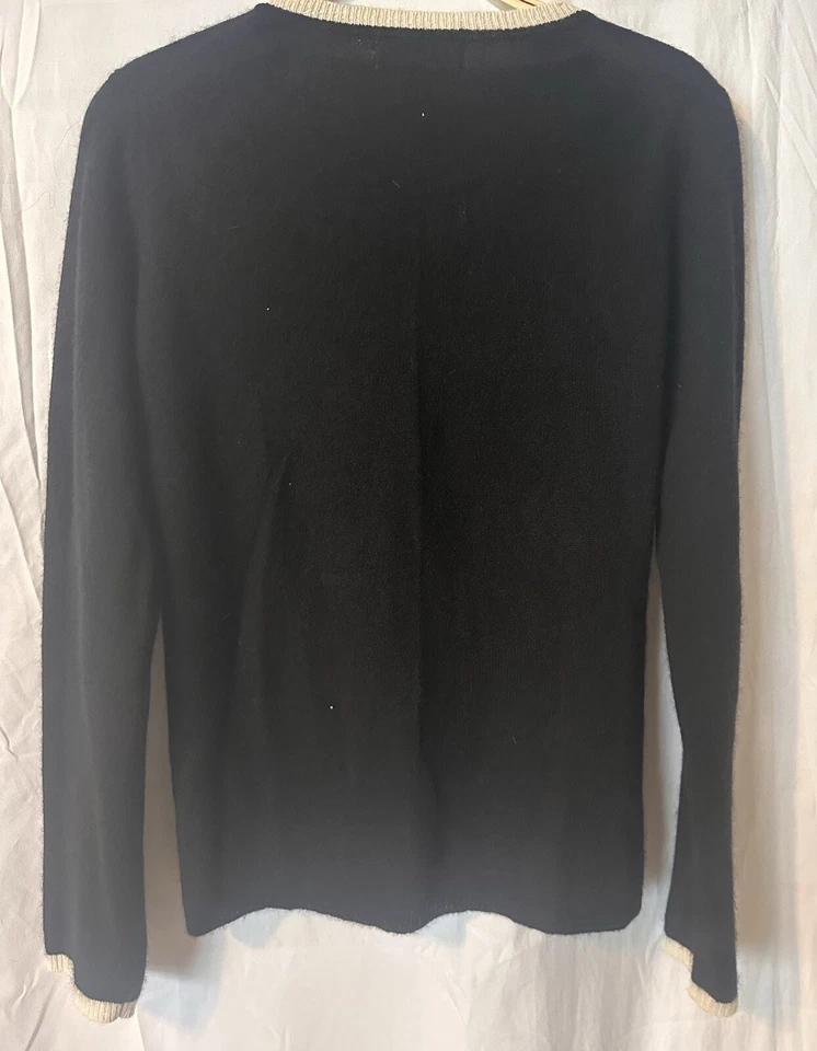 Vintage Peck Womens Cashmere Pullover Sweater Black White Trim M Jumper V Neck - Imagem 2 de 4