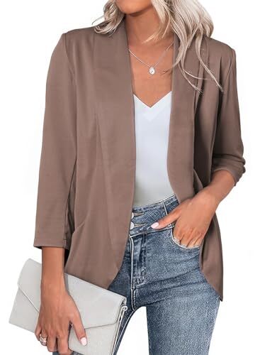 Womens 3/4 Sleeve Blazers Lightweight Open Front Cardigan Jacket Small Taupe - Picture 2 of 7