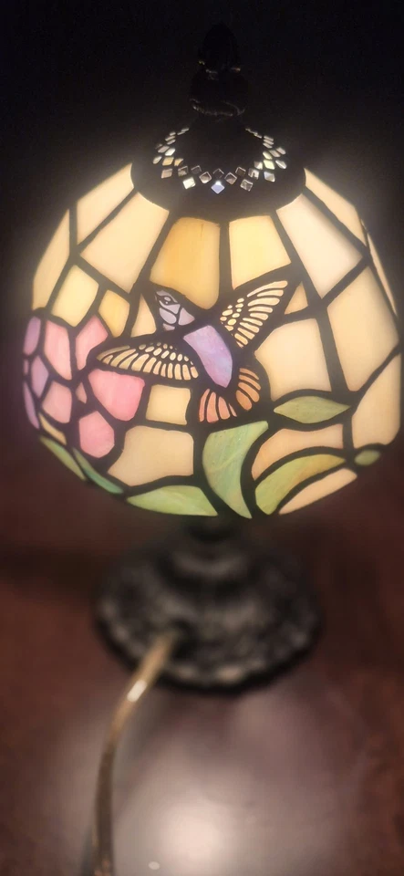 Tiffany Style Table Lamp Hummingbird w/ Flowers On Small Glass Dome - Image 2 of 4