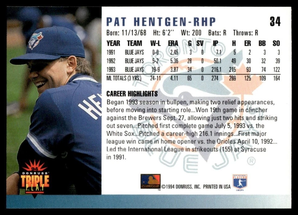 1994 Triple Play Pat Hentgen Toronto Blue Jays #34 - Image 2 of 2