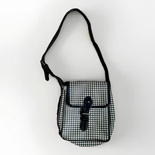 Vintage Ralph Lauren Womens Black Brown Leather Houndstooth Satchel Shoulder Bag