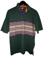 Vintage 90s Tommy Hilfiger Mens Large Green Striped Embroidered Crest Polo Shirt