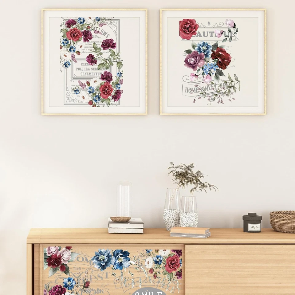 Frotar en transferencias para muebles y manualidades: 6 piezas grandes vintage rojo floral frotar... Foto 3 de 4