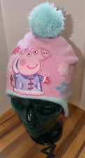PEPPA PIG TODDLER Pink Teal Knit Pompom Hat, Fleece Lined, OSFM. VGC. 4