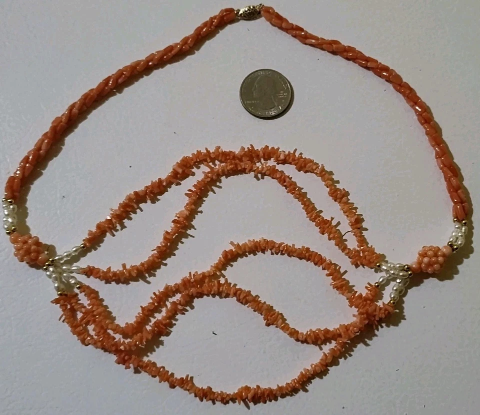 14K Natural Coral, Freshwater Pearl Multi-strand Beaded Necklace and Earrings - image 2 of 4