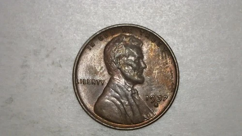 1937-S Lincoln Wheat Cent Penny - AU Rainbow Toned - Beautiful Color Free Ship