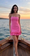 NEW Shein Swimsuit Cover Up Dress Hot Pink Bandeau W/Ruffle Hemline Large 8/10