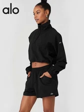 AIo Half Zipper Sunscreen Jacket Short Umbilical Set Leisure Hooded Top + Shorts