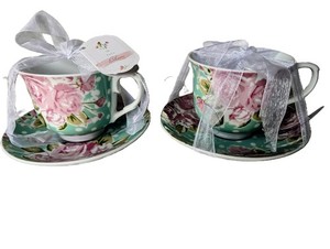 Kent Pottery 2-Piece Floral Tea Cup and Saucer Set,  2 Sets 40cl Ceramic NWT