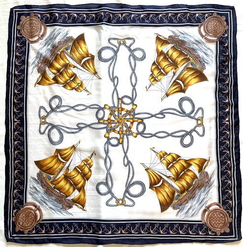 ⚓ NAUTICAL Silk Scarf – 31" SAILING Ship Rope Wheel Navy Gold Hand Rolled Marine
