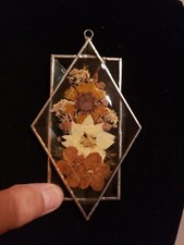SUNCATCHER LEADED BEVELED GLASS MCM ENCASED DRIED FLOWERS VINTAGE HANDMADE
