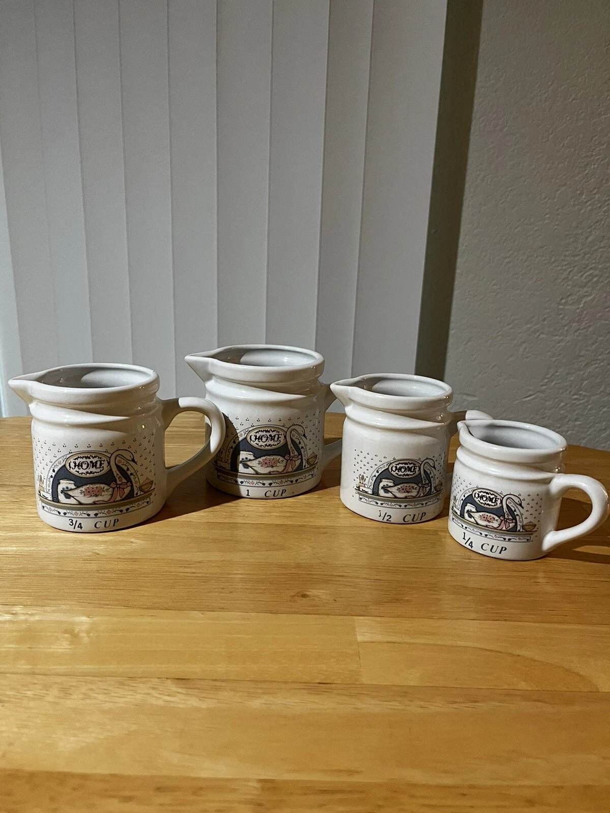 Vintage Ceramic Measuring Cups White Blue Pink Swans Set of 4