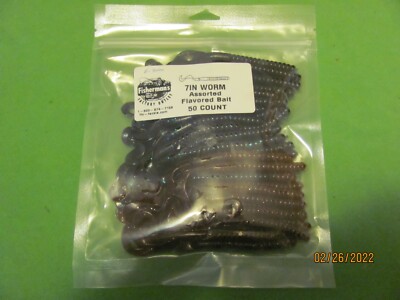 1) BAG OF FISHERMAN'S 7'' ASSORTED FLAVORED BAIT 50 COUNT WORMS.