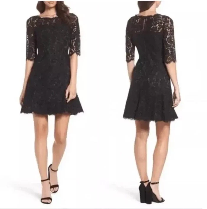 Vestido de cóctel negro acampanado encaje talla 4 pequeño manga S 3/4 Foto 3 de 4