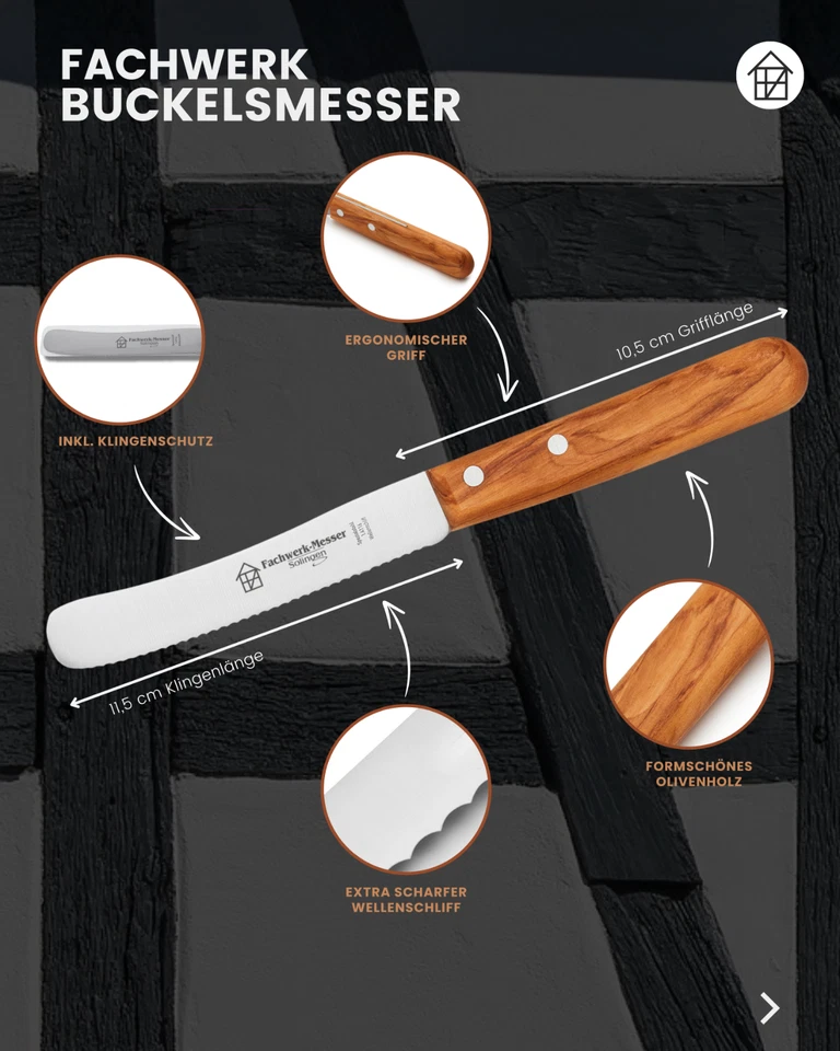Fachwerk Frühstücksmesser Olivenholz Brötchenmesser Buckelsmesser Solingen - Bild 2 von 4