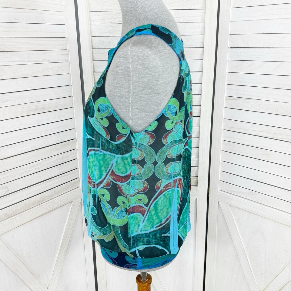 Lipstick Tank Top Womens Medium Teal Blue Paisley Stamp Died Pleated Y2K Blousey - Image 2 of 4