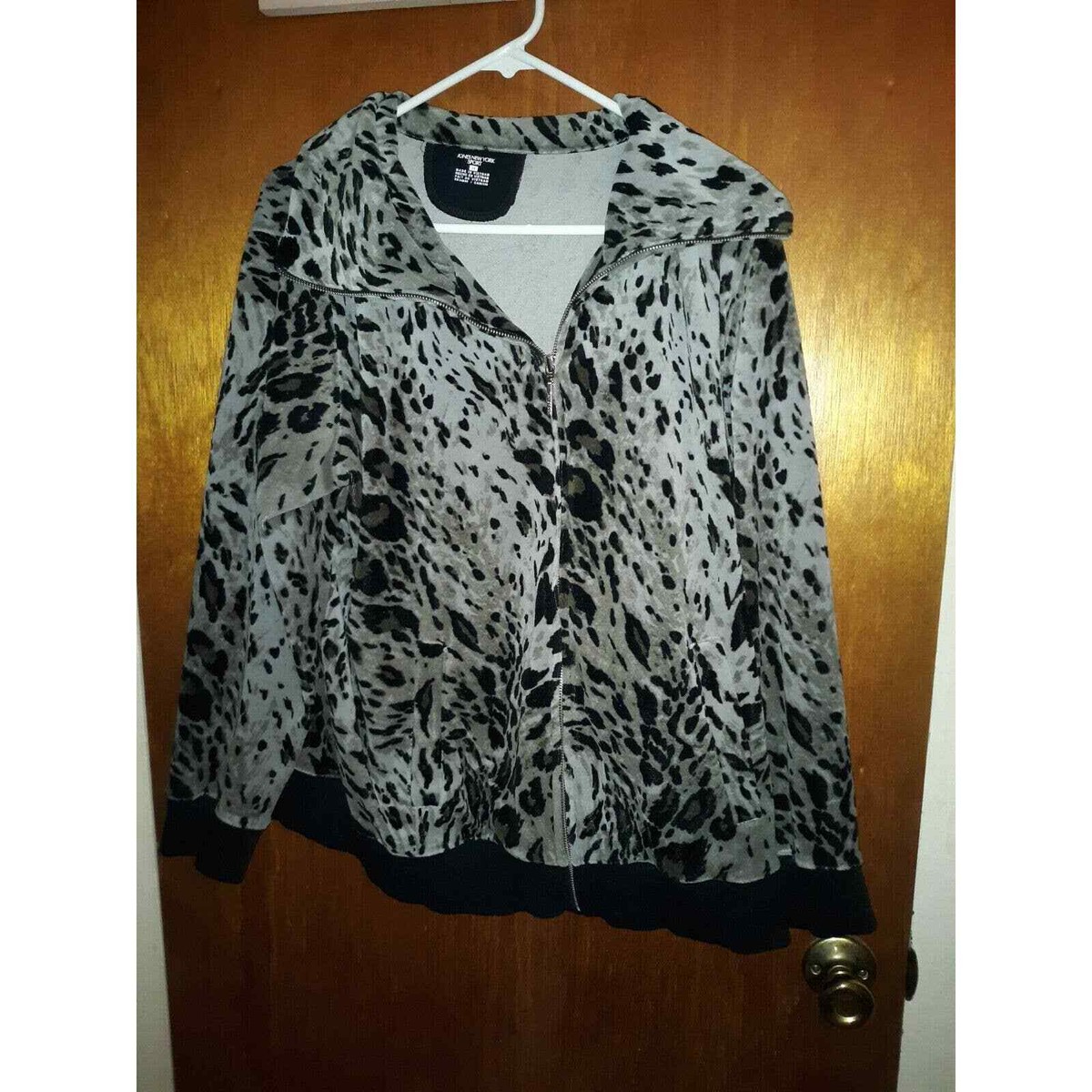 JONES NEW YORK ヒョウ柄ジャケット Jones New York Sport Black Gray Leopard Print Velour Jacket Full