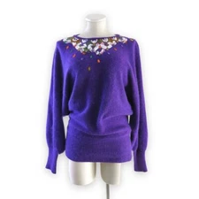 VTG 80s Purple Silk Angora Dolman Sweater | Beaded Jeweled Neckline | Size L