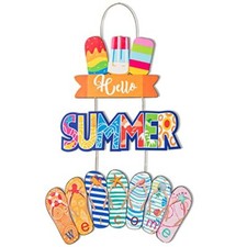 3Pcs Hello Summer Hanging Door Sign Decor Beach Welcome Sign Plaque Wooden